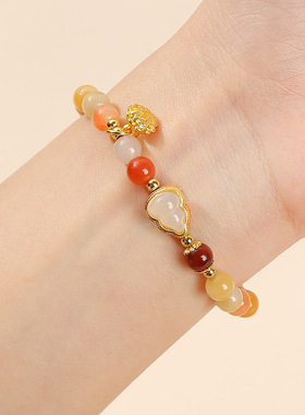 晶德珠宝 天然金丝玉手链女 福禄玉葫芦古风圆珠手串礼物饰品批发