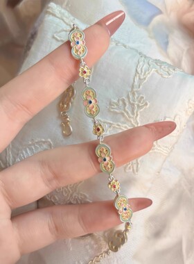 古法珐琅彩葫芦手链国风新中式白铜百搭花朵新款四叶描金喜乐手串