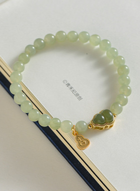 巴度天然和田玉珠子手链女招财福禄金镶玉葫芦古风S925银转运手串