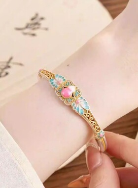 新款海棠葫芦开口手镯新中式珐琅彩描金小众百搭感中国风饰品礼物
