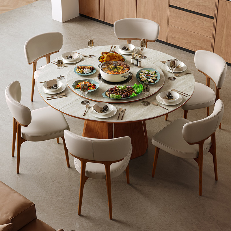 杰格森中古风岩板伸缩餐桌可变形圆桌复古全托底板哑光洞石餐桌椅,淘宝优惠券,粉丝福利购,淘宝优惠卷