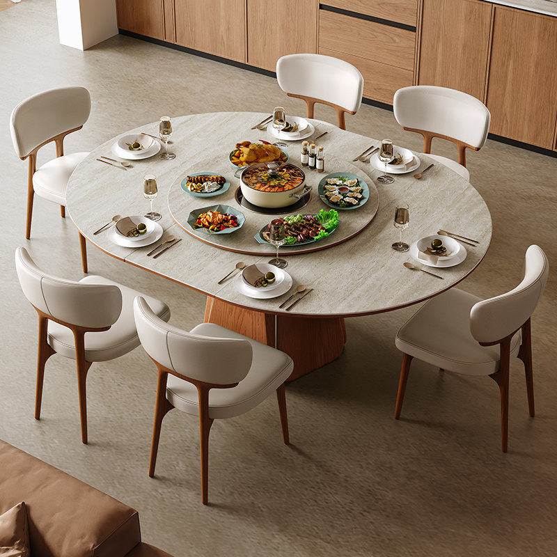 杰格森中古风岩板伸缩餐桌可变形圆桌复古全托底板哑光洞石餐桌椅,淘宝优惠券,粉丝福利购,淘宝优惠卷