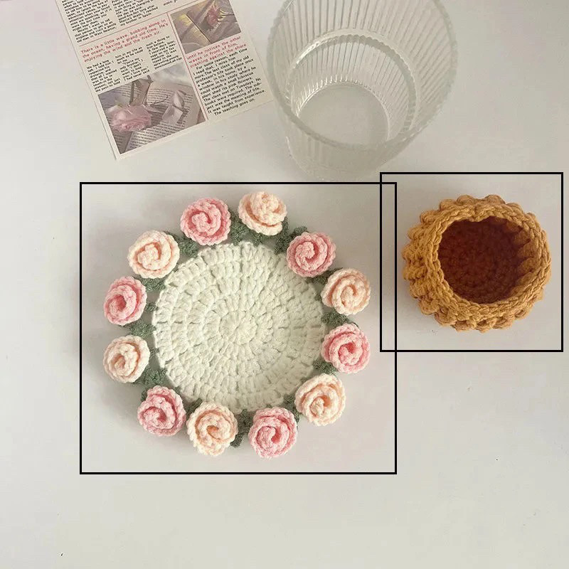 【成品】玫瑰花杯垫变手捧花纯手工编织创意礼品桌面摆件节日礼物,淘宝优惠券,粉丝福利购,淘宝优惠卷