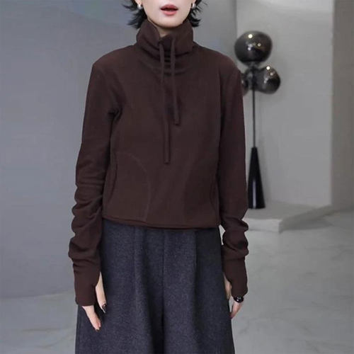 2025秋冬季设计感抽绳高领弹力宽松显瘦双面德绒保暖卫衣打底衫女 - 图1