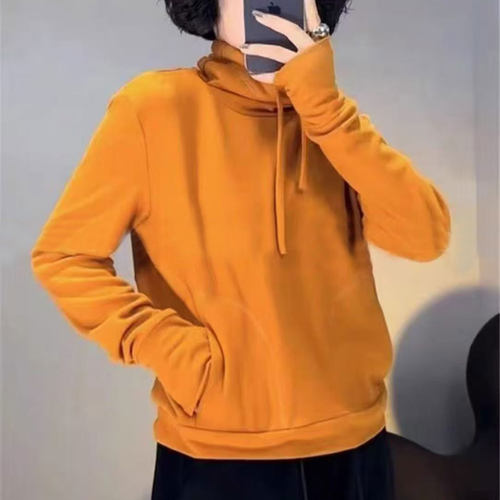 2025秋冬季设计感抽绳高领弹力宽松显瘦双面德绒保暖卫衣打底衫女 - 图2