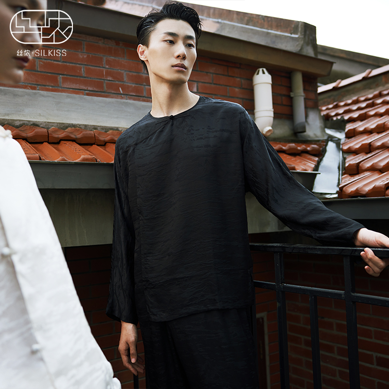 丝侬中式真丝睡衣男款套装高档国风盘扣提花圆领桑蚕丝居家服男士 - 图2