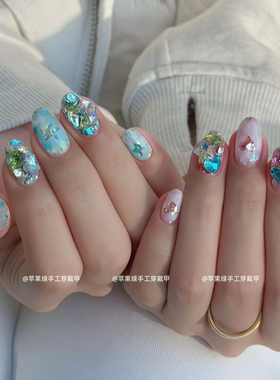【海宝蓝】纯手工美甲仲夏夜之梦蓝色闪闪美甲穿戴甲显白重工美甲