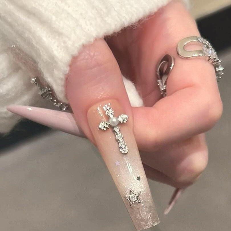 纯手工穿戴甲冰透十字架双拼超长美甲甜妹辣妹皮粉色高级感美甲贴,淘宝优惠券,粉丝福利购,淘宝优惠卷