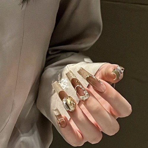 华丽富贵美甲千金名媛欧美长梯法式猫眼渐变秋意绵长可拆卸穿戴甲 - 图0