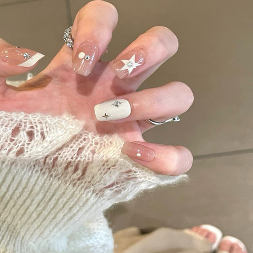 纯手工穿戴甲白色奶油星星韩系法式简约日常通勤款可拆卸穿戴美甲 - 图3