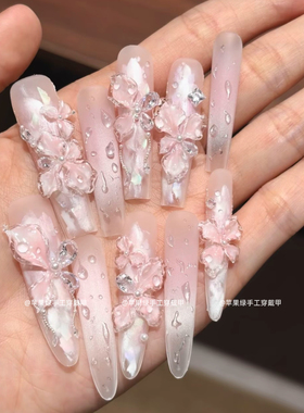 【露华浓】雕花蝴蝶手工穿戴甲小清新春夏爆款猫眼美甲可拆卸长款