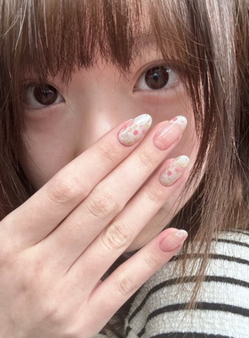 【奶油花信】韩系ins温柔碎花法式清透蜜桃粉显白清新手工穿戴甲