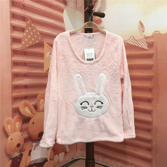 秋冬法兰绒珊瑚绒加厚保暖女睡衣卡通上装家居休闲套头上衣长袖