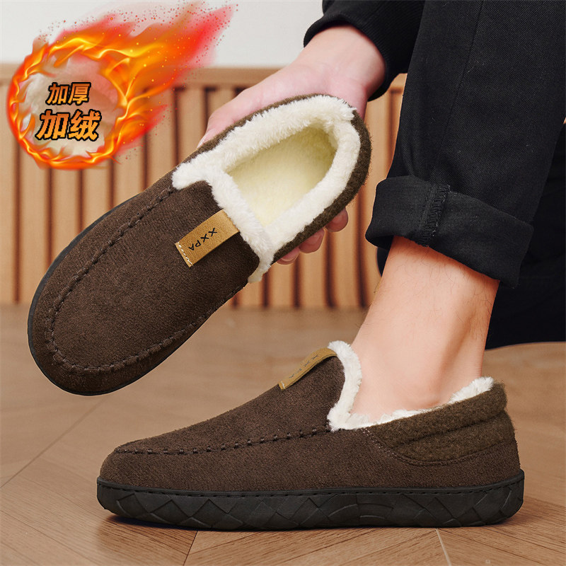 棕色皮毛一体豆豆鞋男冬季保暖无鞋带逗逗潮流百搭青年加绒棉鞋子,淘宝优惠券,粉丝福利购,淘宝优惠卷