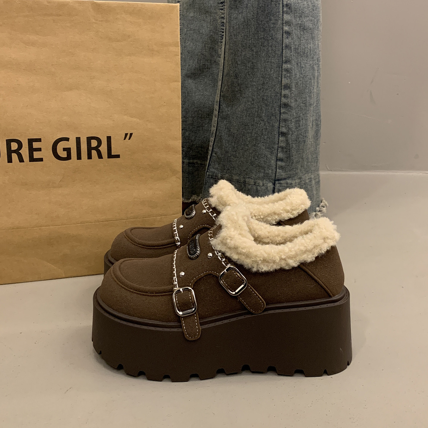 加绒厚底松糕深口单鞋女增高勃肯鞋2025新款超火秋冬玛丽珍毛毛鞋,淘宝优惠券,粉丝福利购,淘宝优惠卷