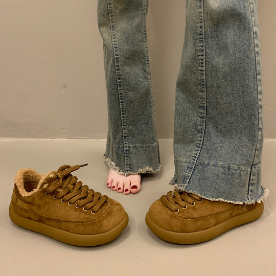 爆款厚底加绒板鞋女秋冬季百搭二棉鞋2025新款德训运动休闲面包鞋