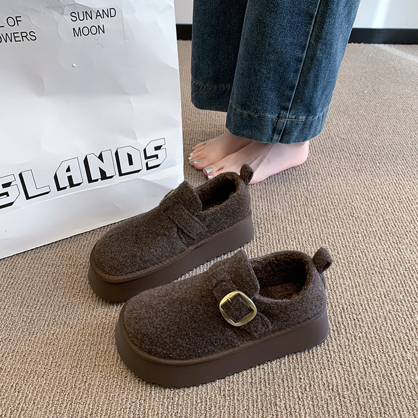 绝美圆头厚底深口单鞋女加绒勃肯鞋2025新款秋冬松糕毛毛雪地棉鞋,淘宝优惠券,粉丝福利购,淘宝优惠卷