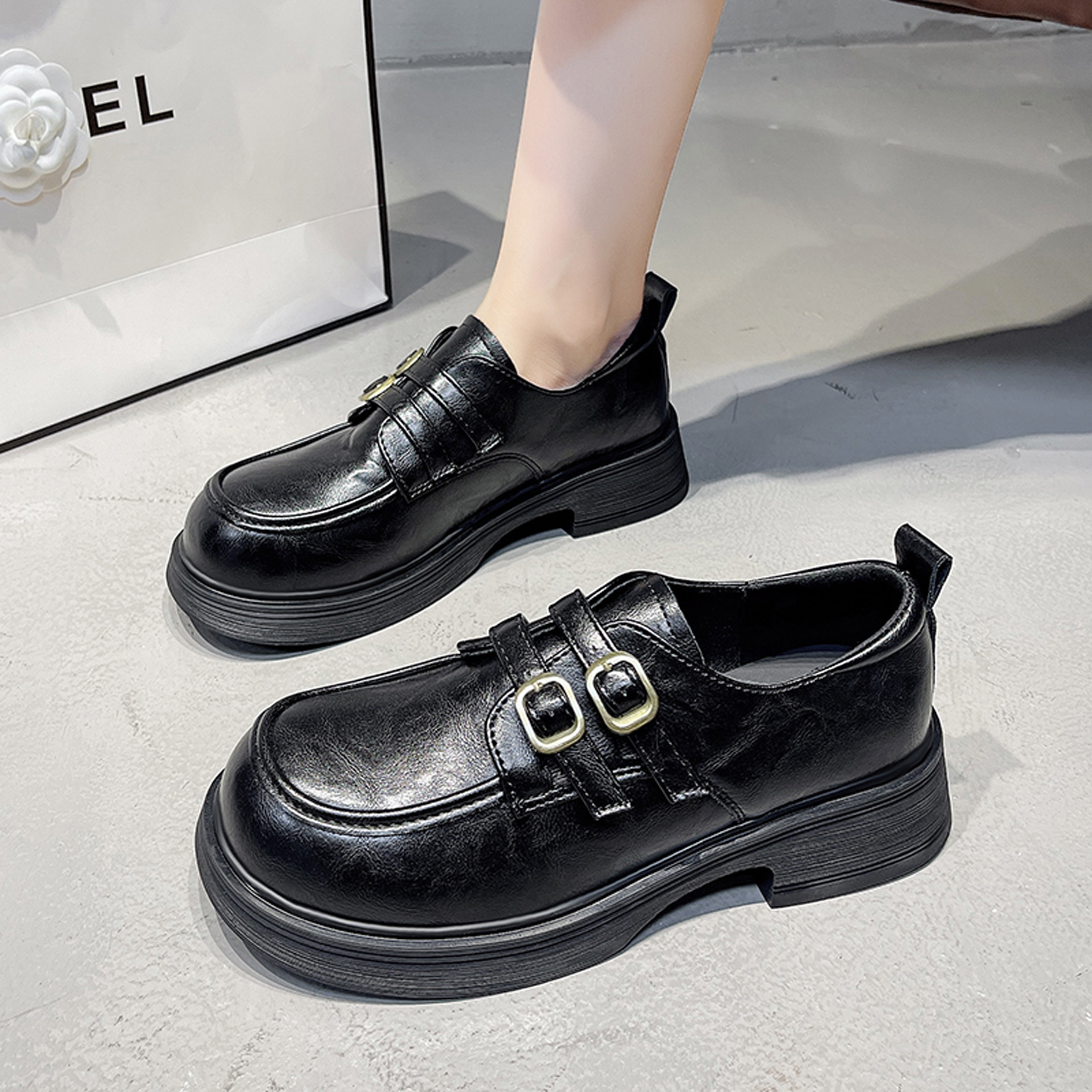 英伦风百搭厚底小皮鞋女棕色法式单鞋2025新款秋冬季玛丽珍乐福鞋 - 图1