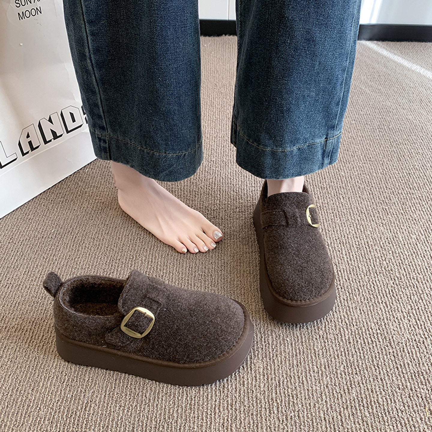 绝美圆头厚底深口单鞋女加绒勃肯鞋2025新款秋冬松糕毛毛雪地棉鞋,淘宝优惠券,粉丝福利购,淘宝优惠卷