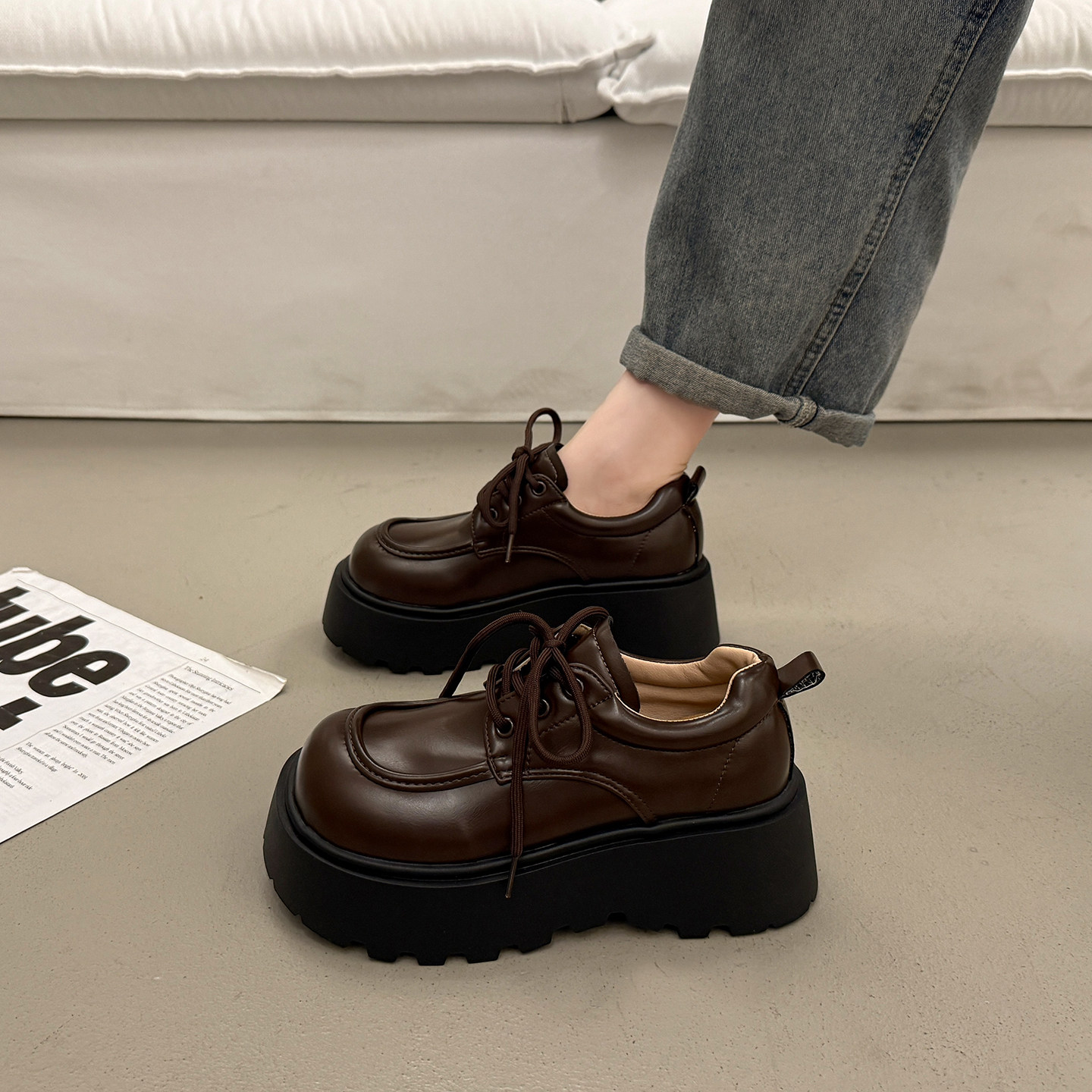 复古英伦风厚底增高小皮鞋女秋冬百搭系带松糕单鞋2025新款乐福鞋,淘宝优惠券,粉丝福利购,淘宝优惠卷