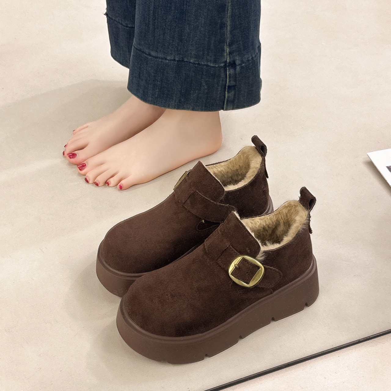 法式气质加绒厚底深口单鞋女秋冬2025新款复古勃肯鞋一脚蹬松糕鞋,淘宝优惠券,粉丝福利购,淘宝优惠卷