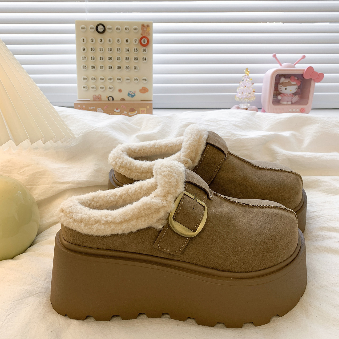 厚底增高复古勃肯鞋包头毛毛半拖鞋女冬季外穿2025新款加绒棉拖鞋,淘宝优惠券,粉丝福利购,淘宝优惠卷
