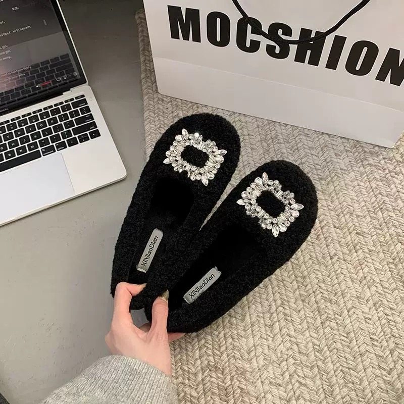 外穿2025秋冬季新款水钻方扣羊羔毛平底鞋女加绒保暖豆豆棉瓢鞋子,淘宝优惠券,粉丝福利购,淘宝优惠卷