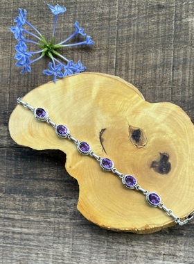 凉玥 尼泊尔手工紫水晶黄水晶紫牙乌石榴石粉晶拉长石925银手链