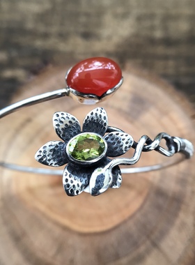 凉玥珠宝 人与自然系列之花仙子 尼泊尔手工天然宝石925纯银手镯