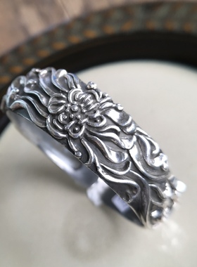 印度尼泊尔精工重磅复古民族风錾刻925纯银999银手镯妈妈女生礼物