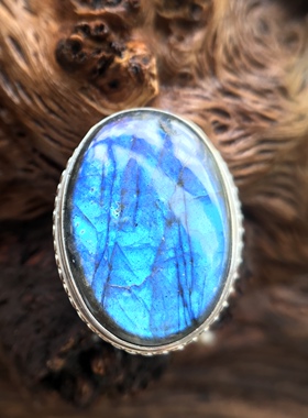 凉玥 尼泊尔手工简边大颗粒满光拉长石925纯银戒指活口可调节大气