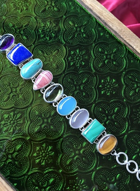 凉玥 尼泊尔印度复古重工多宝925纯银手排可调节小众设计大气手链