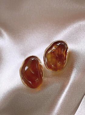 银针树脂虎眼石圆形豹纹耳环复古美拉德耳钉小众高级感耳饰女
