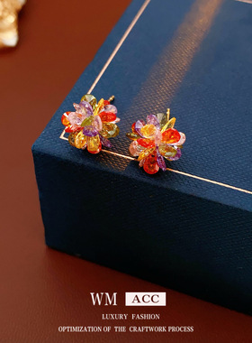 银针彩色玻璃花朵耳钉时尚通勤百搭甜美耳环轻奢高级感小众耳饰女