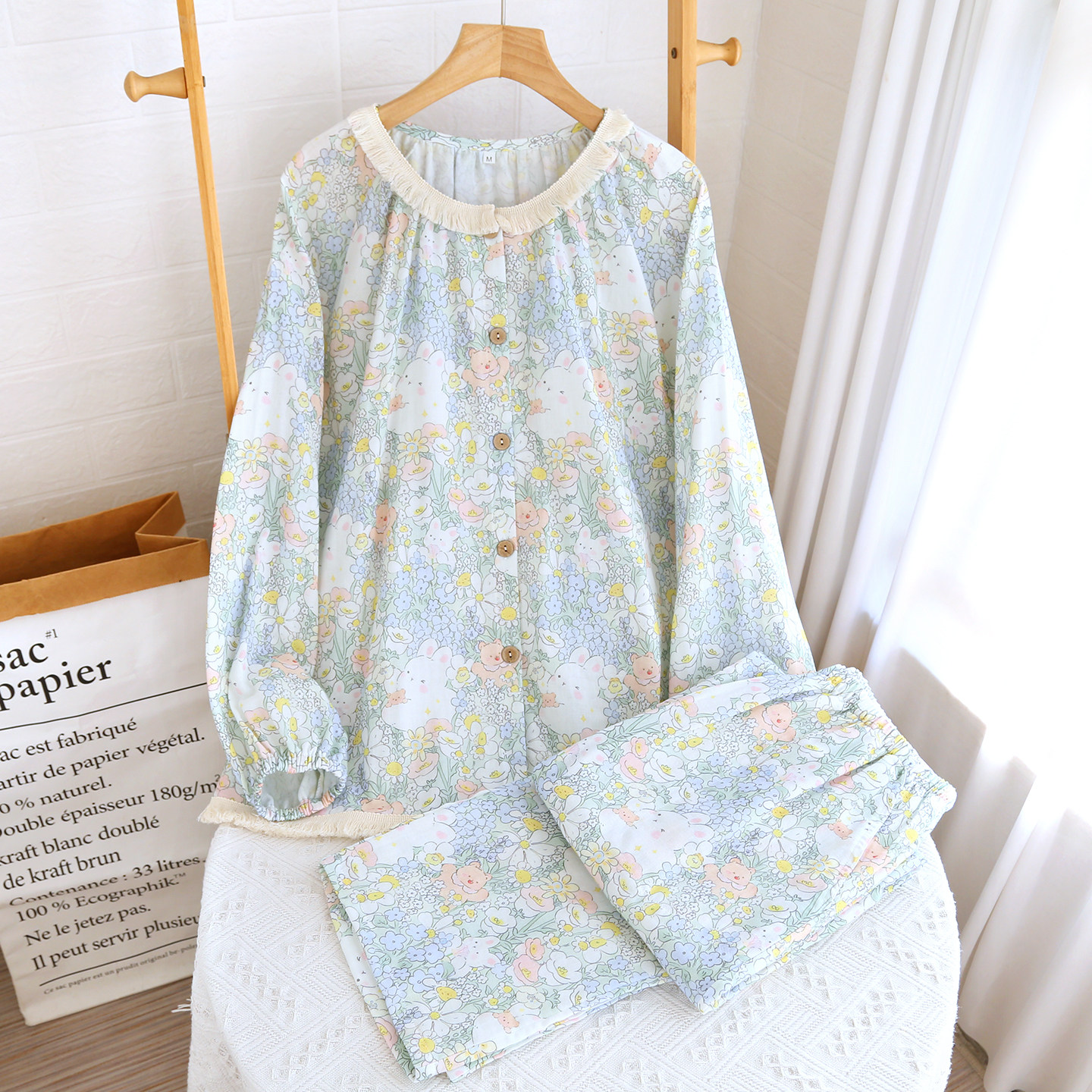 春夏纯棉睡衣女双层纱长袖长裤宽松流苏圆领全棉家居服套装可外穿,淘宝优惠券,粉丝福利购,淘宝优惠卷