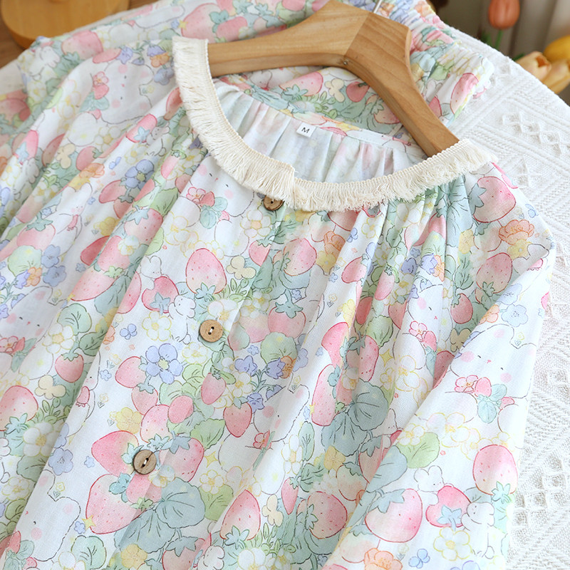 春夏纯棉睡衣女双层纱长袖长裤宽松流苏圆领全棉家居服套装可外穿,淘宝优惠券,粉丝福利购,淘宝优惠卷