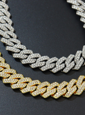 跨境饰品14mm菱形古巴链宽欧美嘻哈满钻双排钻项链配饰necklace