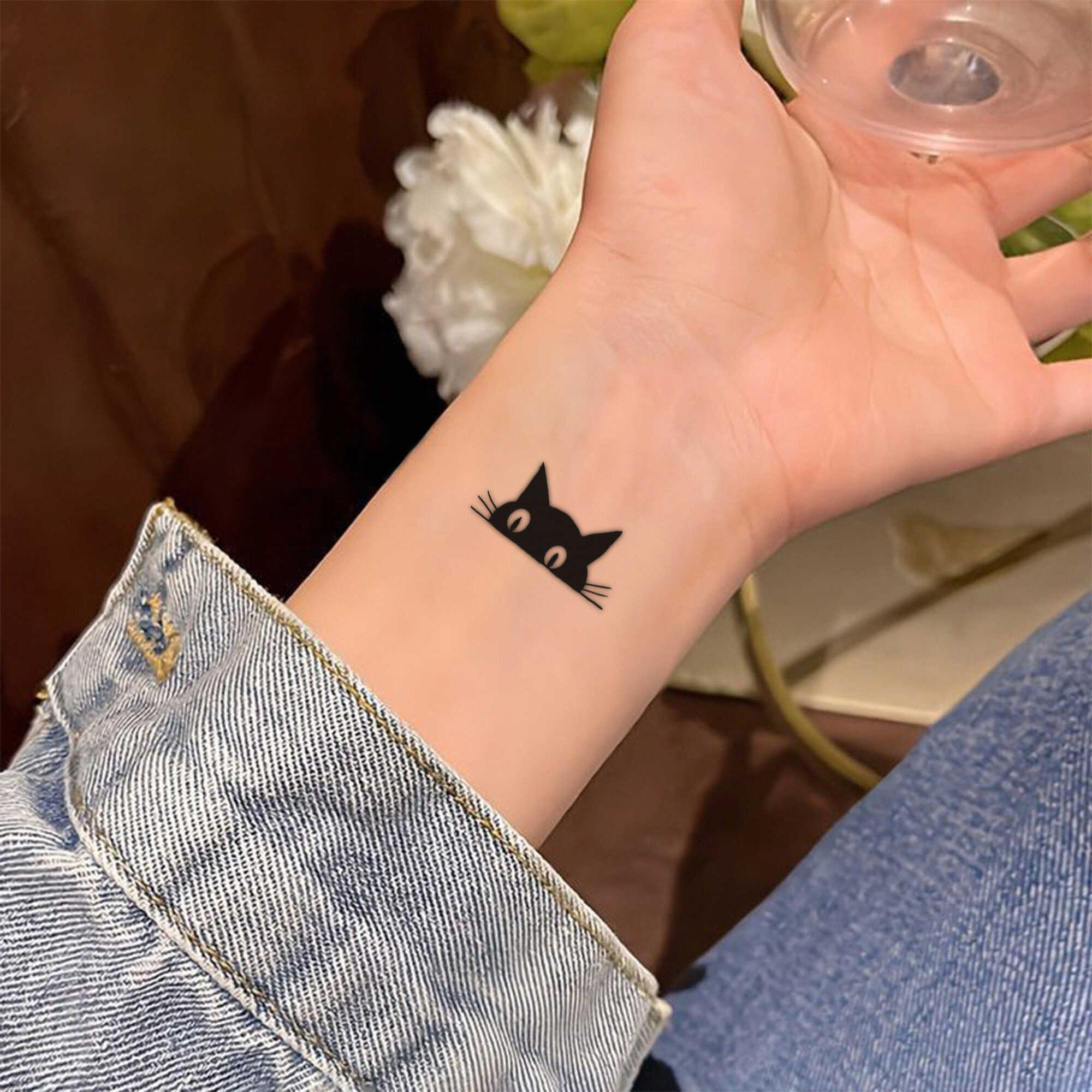 3张 可爱猫咪仿真防水手腕手臂草本纹身贴ins简约小红书同款卡通 - 图1