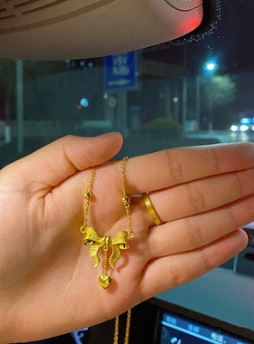 蝴蝶结之爱心女项链锁骨链长款一体吊坠套链纯银时尚婚嫁生日礼物