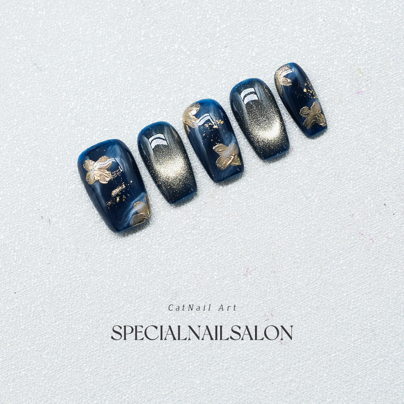 【金沙流萤】纯手工穿戴甲金箔深海蓝猫眼高级感显白成品美甲贴片,淘宝优惠券,粉丝福利购,淘宝优惠卷