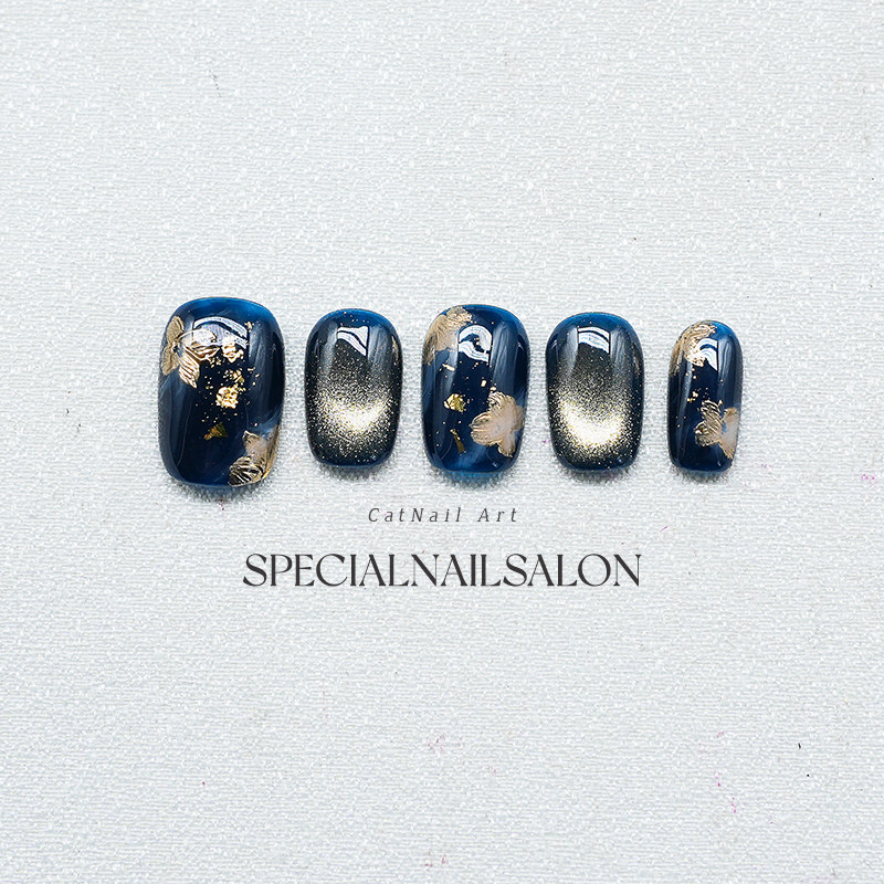 【金沙流萤】纯手工穿戴甲金箔深海蓝猫眼高级感显白成品美甲贴片,淘宝优惠券,粉丝福利购,淘宝优惠卷