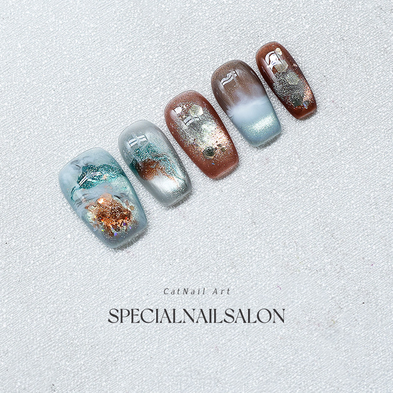 【碧海雾影】纯手工穿戴甲秋冬爆闪晕染爆闪个性短款显白美甲贴片,淘宝优惠券,粉丝福利购,淘宝优惠卷