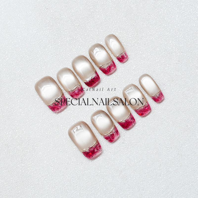 【芭西莓粉】纯手工穿戴甲夏日撞色猫眼高级感法式优雅显白美甲片,淘宝优惠券,粉丝福利购,淘宝优惠卷