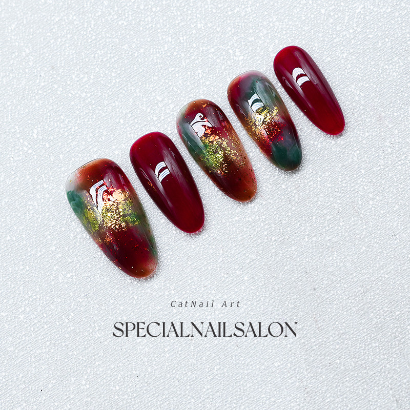 【夜宴玫影】纯手工穿戴美甲金箔晕染高级感红色爆闪新年指甲贴片,淘宝优惠券,粉丝福利购,淘宝优惠卷