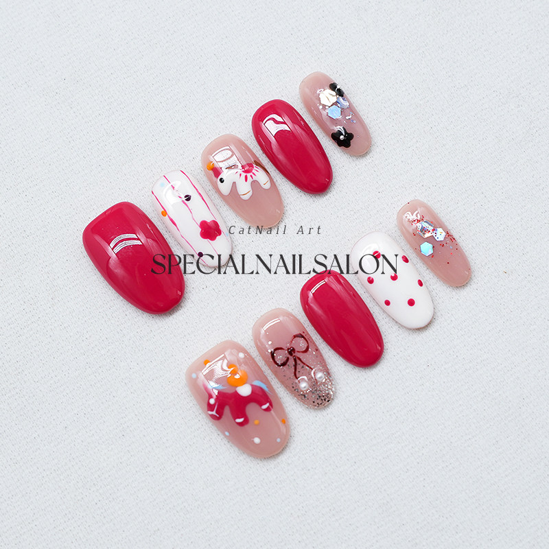 【马年开运】纯手工穿戴甲可爱新年款甜美高级感绝美精致短款美甲,淘宝优惠券,粉丝福利购,淘宝优惠卷