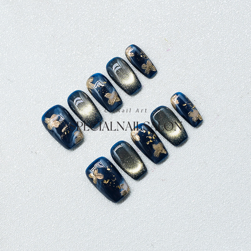 【金沙流萤】纯手工穿戴甲金箔深海蓝猫眼高级感显白成品美甲贴片,淘宝优惠券,粉丝福利购,淘宝优惠卷