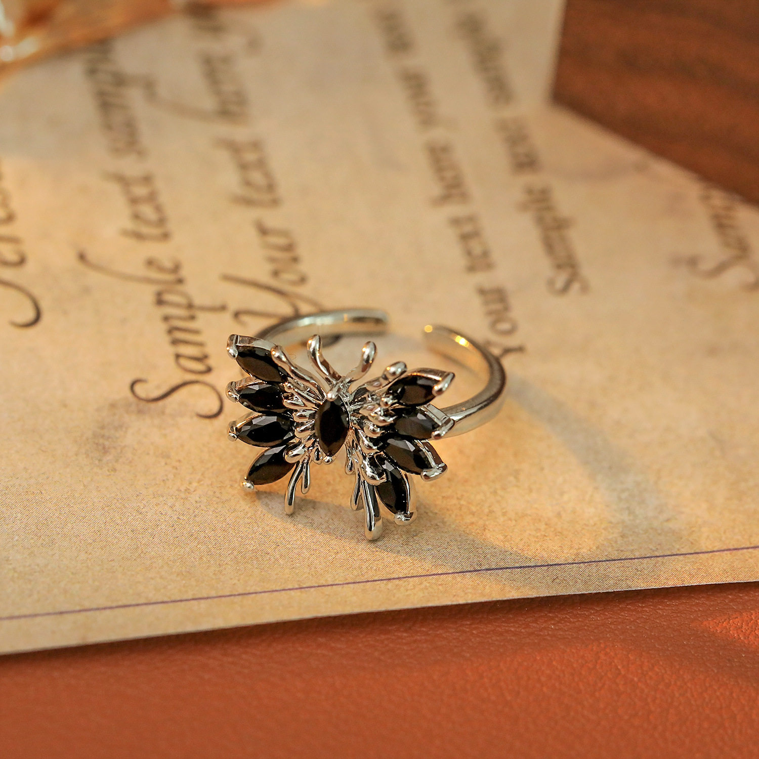 Dark retro three-dimensional butterfly inlaid zirconium ring for women, light luxury