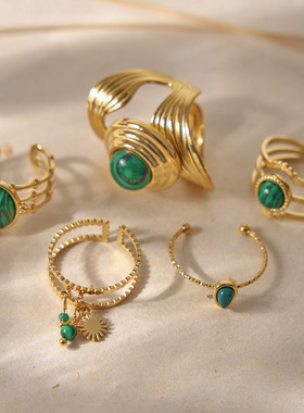 法式ins宫廷风椭圆形天然石戒指 简约可调节不锈钢开口指环不掉色