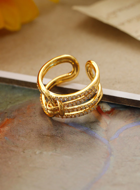 HYACINTH韩国时尚宽体多层闪钻锆石戒指可调节开口食指戒指环饰品