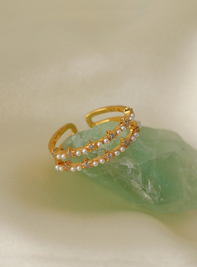 温柔风小珍珠戒指小众设计高级感五角星锆石开口戒气质网红指环